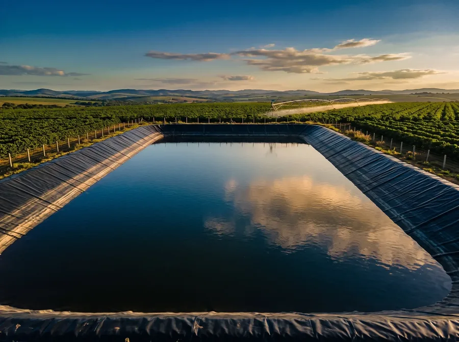 Reservatório de irrigação revestido com geomembrana PEAD em área agrícola