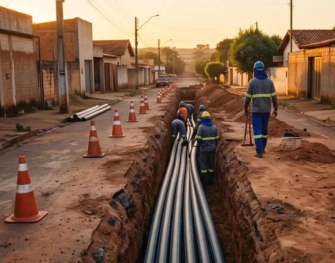 Rede de tubos PEAD em vala urbana de saneamento